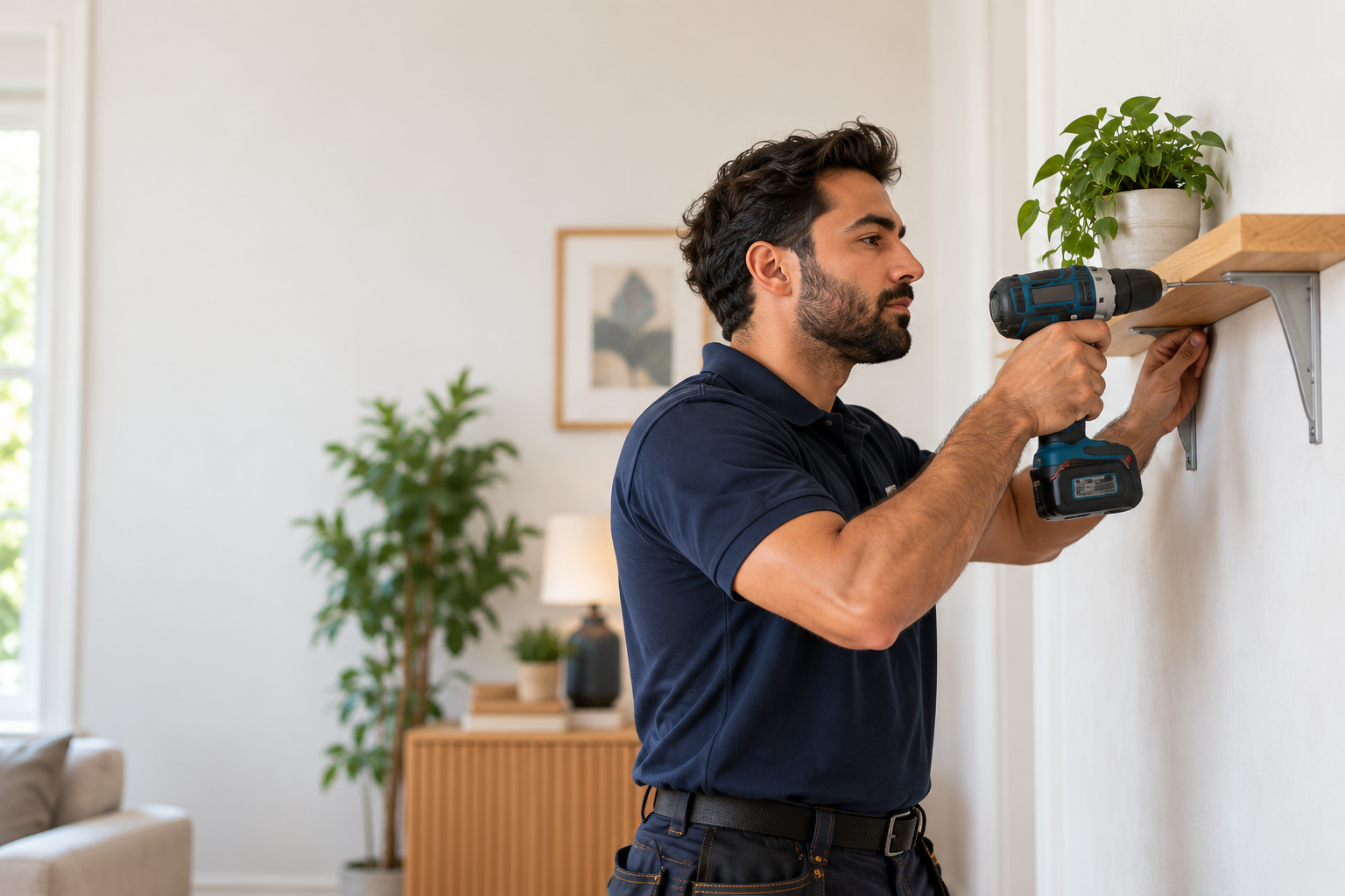 A man in a navy polo drilling a wooden wall shelf