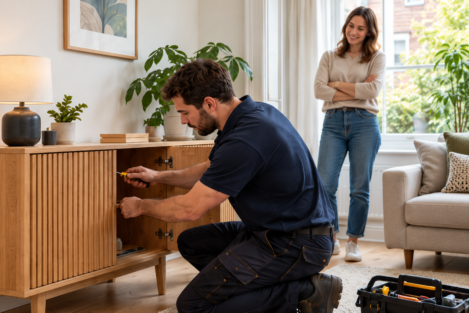 A handyman kneeling to assemble a wooden sideboard while a smiling woman watches